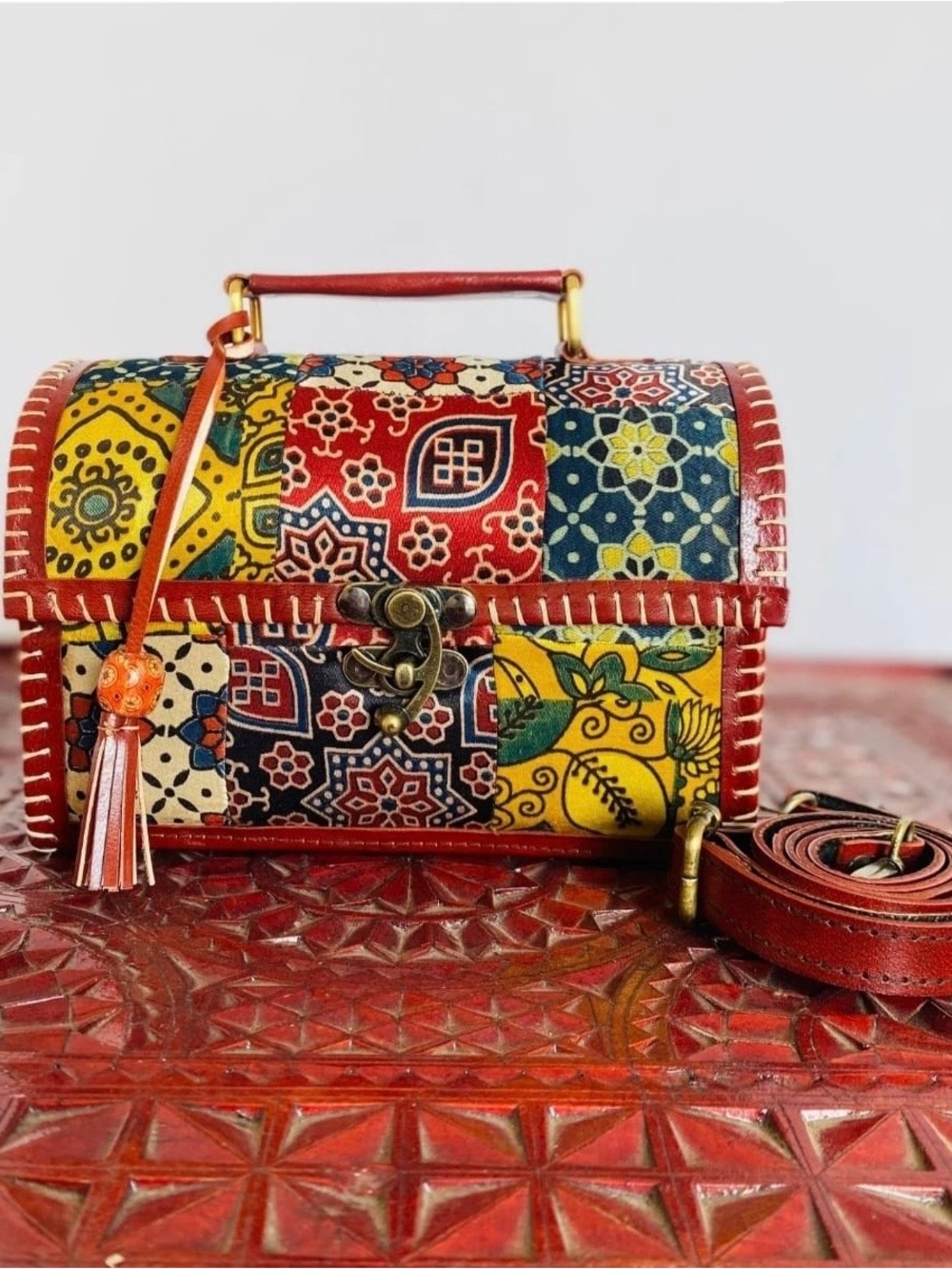 Multicolor Patchwork Shoulder Bag with Red Trim